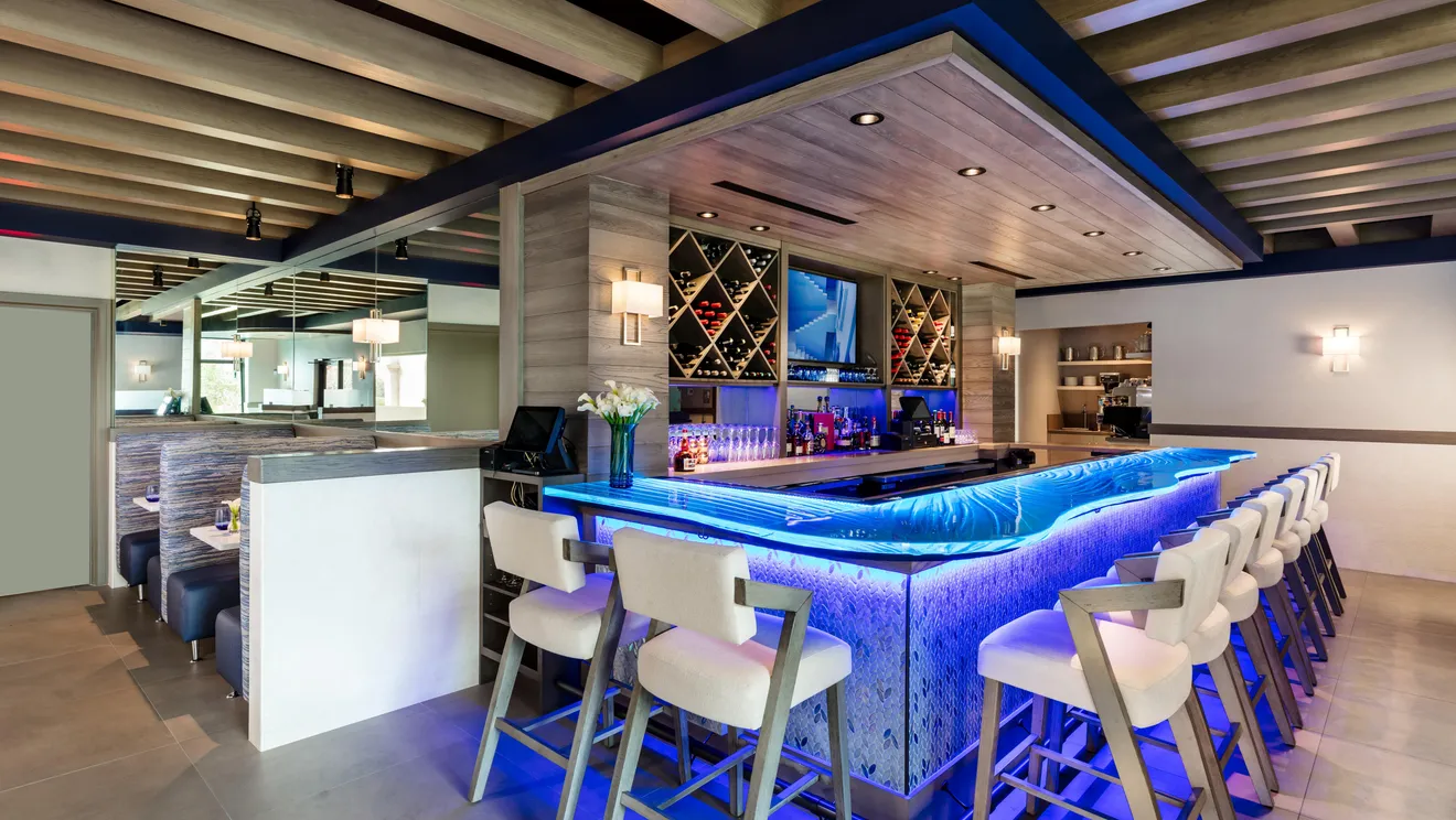 Acqua Cafe coastal Italian dining room on South Ocean Boulevard, Palm Beach
